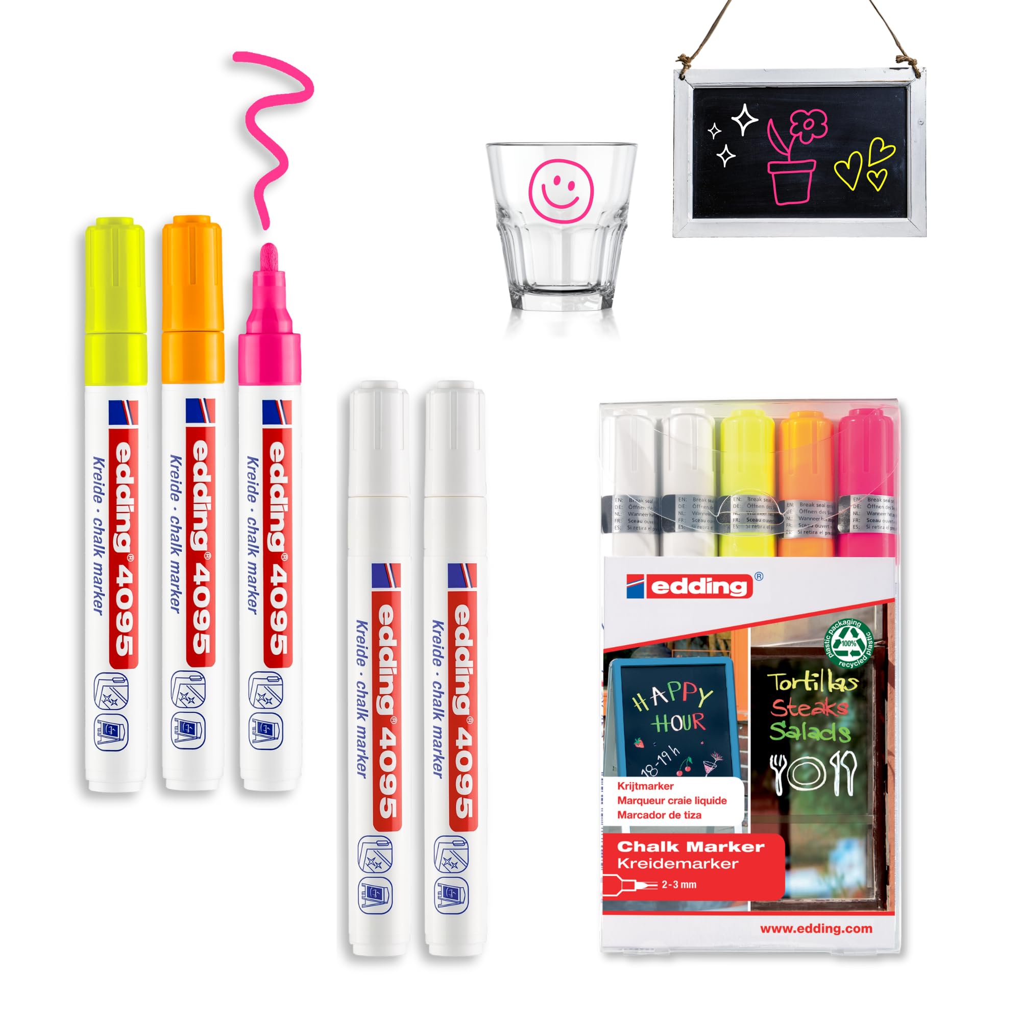 edding 4095 chalk marker pen set - white (2x), yellow, orange, pink -5 chalk pens-round nib 2-3 mm-wet wipe pen for chalkboards, windows, glass, mirrors - liquid chalk marker pens for opaque coverage
