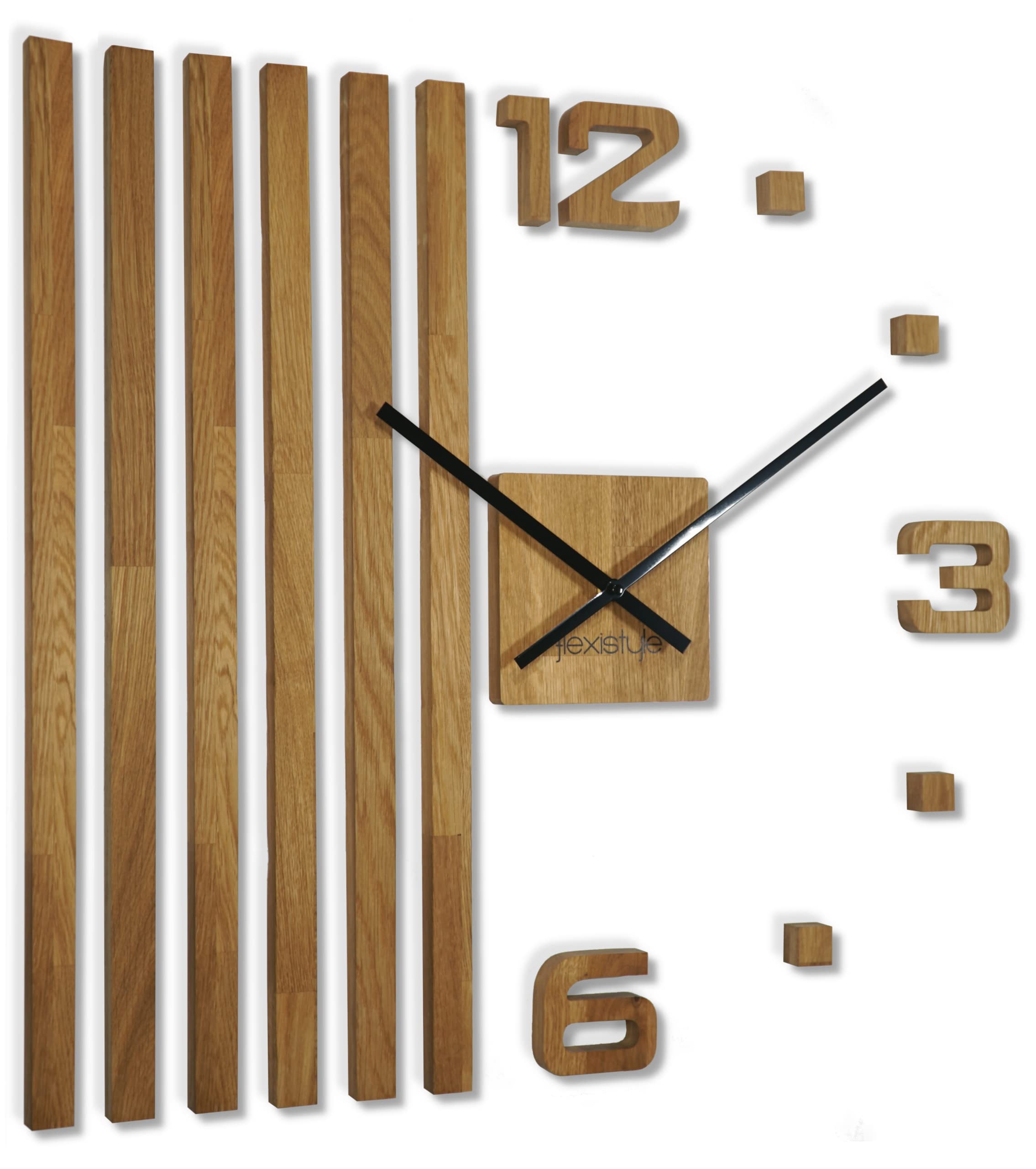 3D Wall Clocks DIY Wood Oak Slats Large Wall Clock 60 cm 3D Wall Clock Modern Design EKO Wall Clocks Wall Sticker Decoration Clocks for Office Living Room Bedroom Decorative Item Black Hands