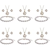 Bridesmaid Jewelry Set for Women 18K Gold & Silver & Rose Gold Plated Love Knot Pendant with Pearl Necklace Earrings Bracelet Set,Bridesmaid Gift for Wedding/Proposal/Party/Anniversary