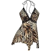 BEAUDRM Women's Leopard Halter Top Vintage Cheetah Flowy Tie Backless Asymmetrical Camisole Tops Party Club Going Out Outfits