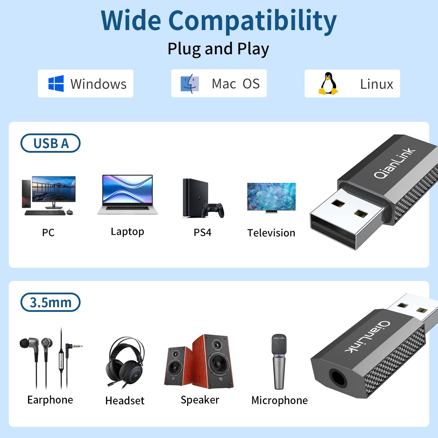 USB to 3.5mm Jack Audio Adapter (2-Pack), USB to Audio Jack Adapter Headset, USB A to 3.5mm TRRS Female, External Stereo Sound Card for Headphone, Mac, PS4, PS5, PC, Laptop, Desktops, Linux, Laptop