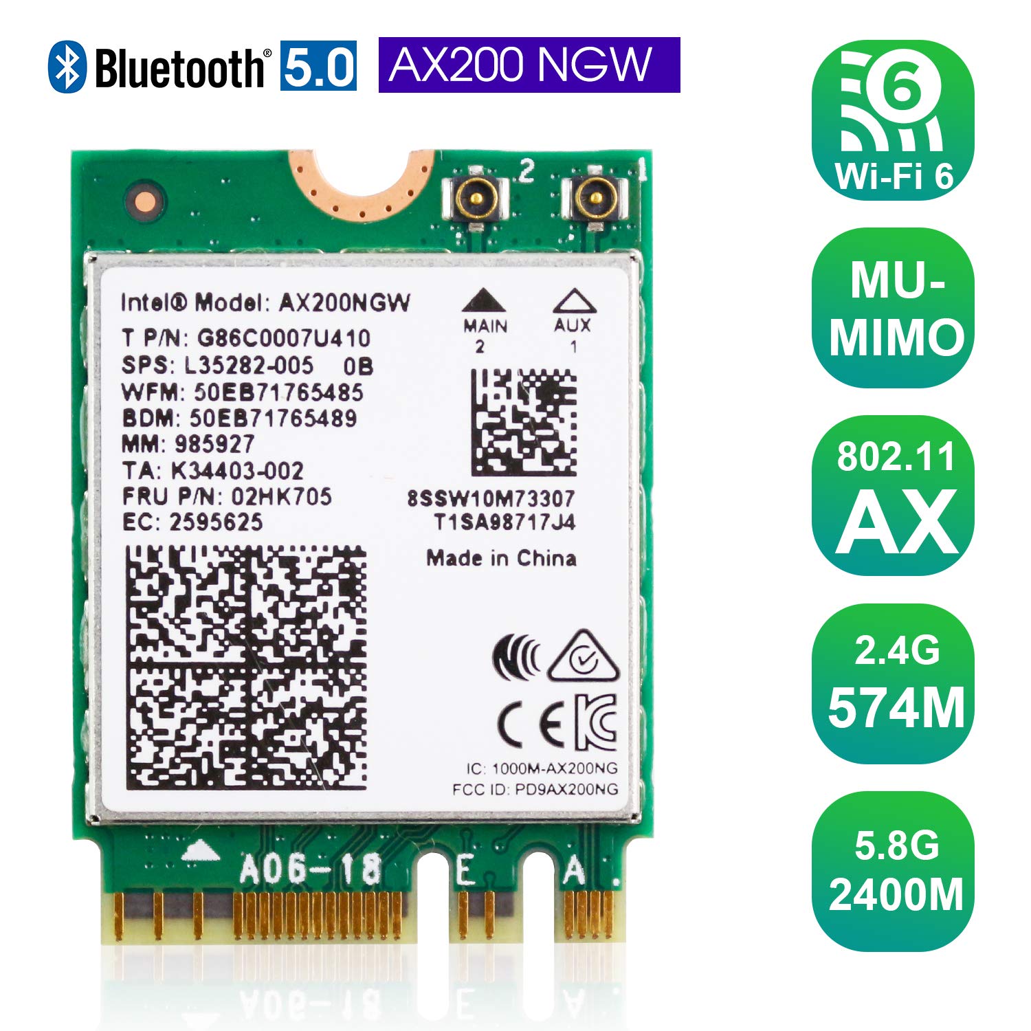 Authentic Intel AX200NGW Wi-Fi 6 11AX WiFi Module 2 x 2 MU-MIMO Dual Band Wireless Card with Bluetooth 5.0 Internal WiFi Adapter Support Windows 10 64bit, M.2/NGFF