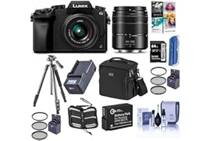 Panasonic Lumix DMC-G7 Mirrorless Camera with Lumix G Vario 14-42mm and 45-150mm Lenses Lens, Black - Bundle with Camera Case, 64GB SDXC U3 Card, Spare Battery, Tripod, Software Package, and More