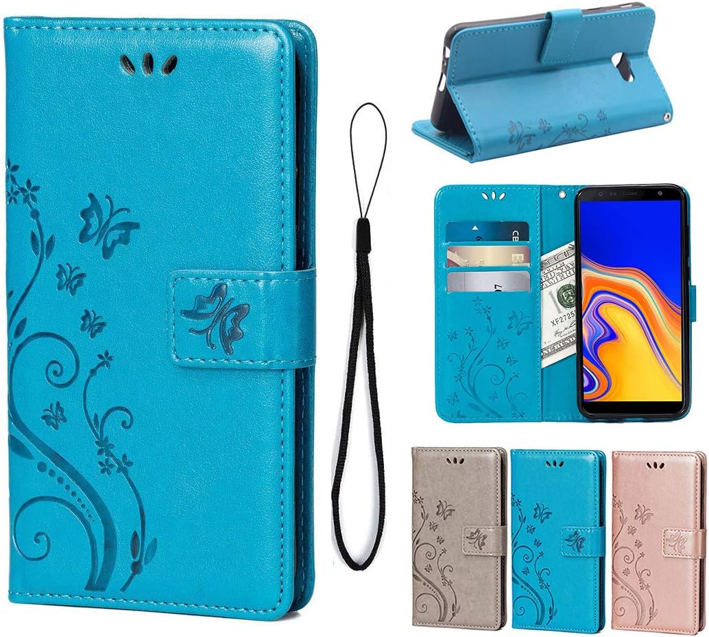 suprwolf Samsung Galaxy J4 Plus Case/J4+ Case, PU Leather Wallet Case Flip Cover Butterfly Flowers with Card Holders Magnetic Stand Wallet Case for Samsung Galaxy J4 Plus/J4+-Blue