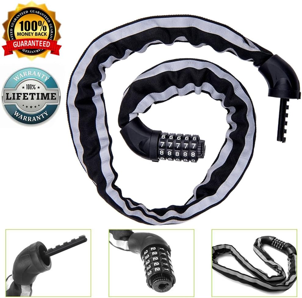 VAQM Bike Chain Lock Bicycle Chain Lock Bike Locks Combination Anti-theft Security Bicycle 5-Digit Resettable Outdoors Mountain Cycling Keyless,Heavy Duty