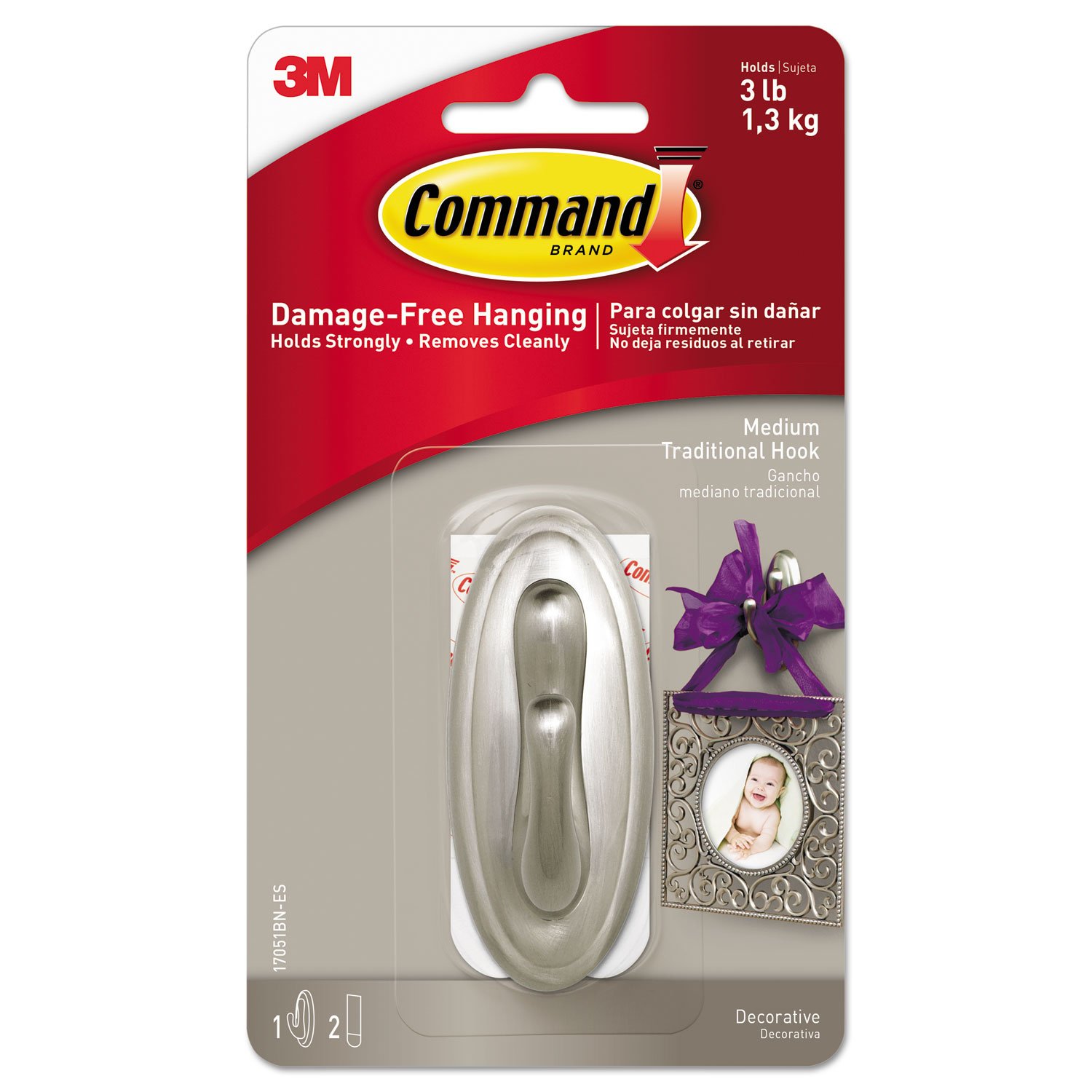 3M Metal Command Medium Decorative Hooks-Brushed Nickel 1 Hook and 2 Strips