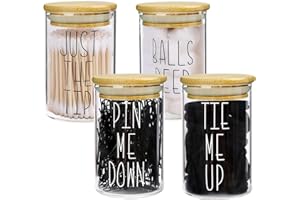 MOMEEMO Apothecary Jars with Lids Glass, Cotton Ball, Qtip/Bobby Pin Holder, Hair Tie Organizer are Great for Bathroom Organization, Accessories. (Set of 4, Ties & Pins)