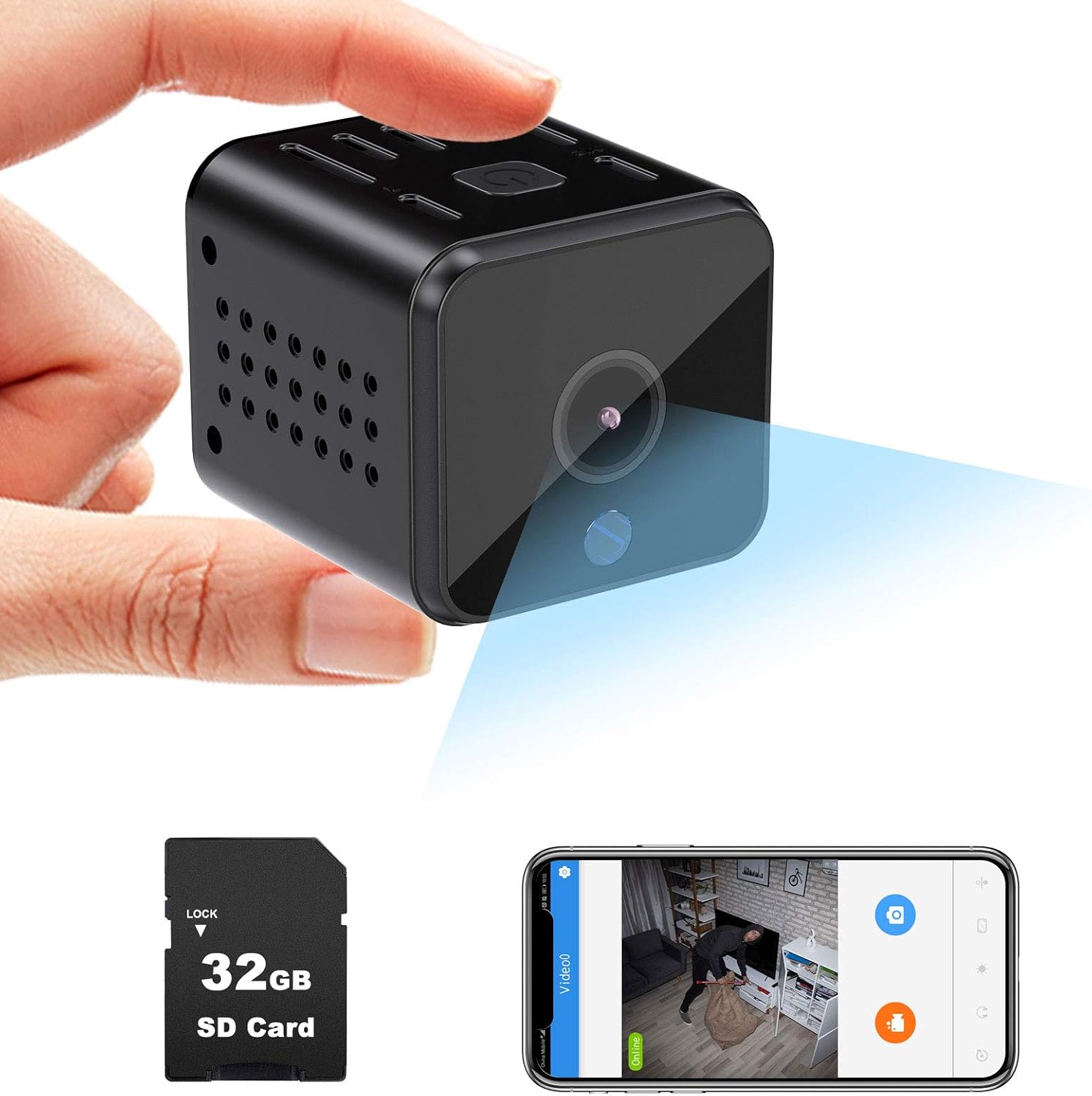 Mini Kamera, Überwachungskamera Innen 1080P mit 32GB Karte