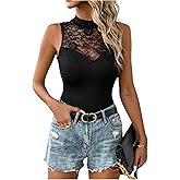 SweatyRocks Women's Floral Lace Mesh Tank Top Mock Neck Fitted Dressy Summer Tops