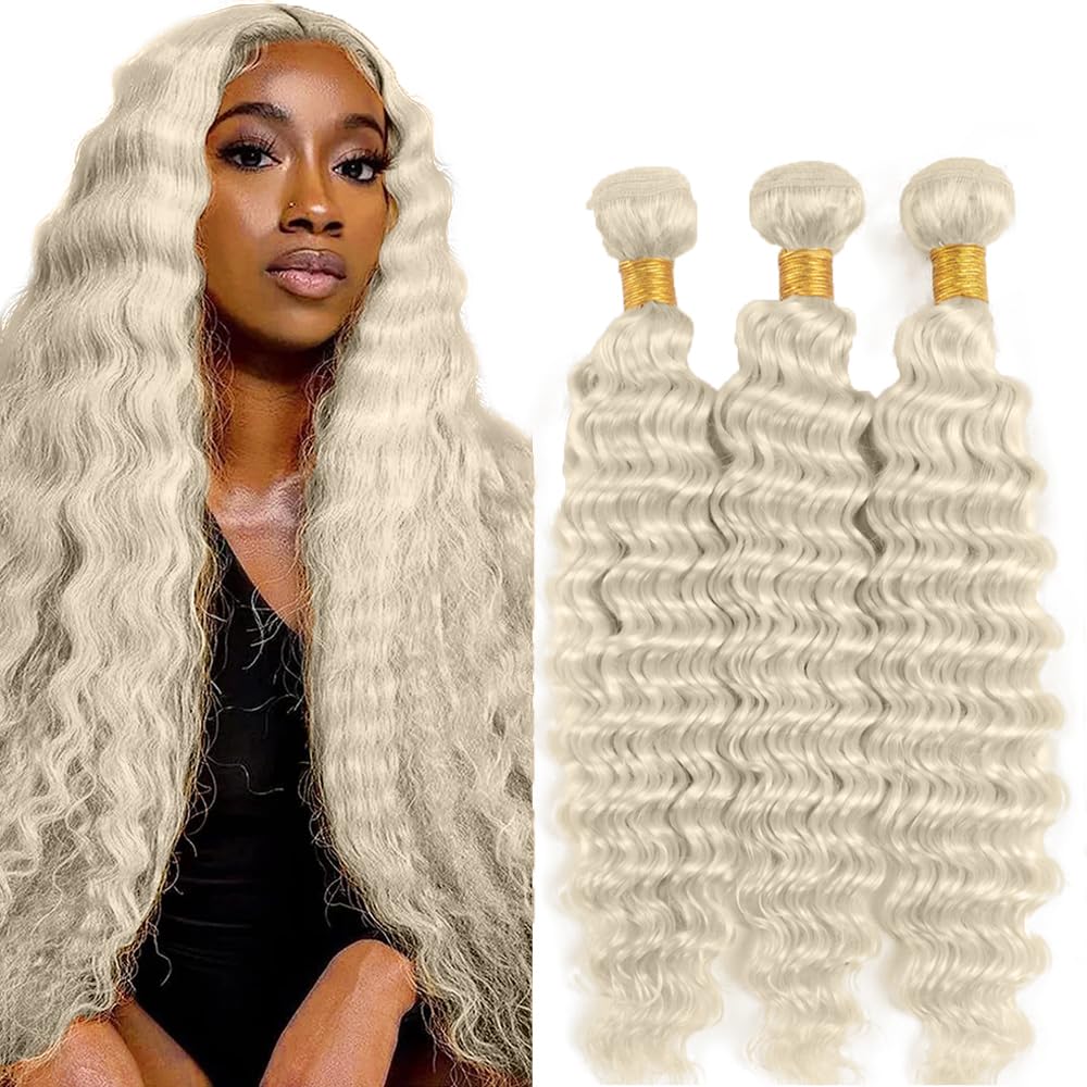 Photo 1 of #88 Platinum Blonde Bundles Human Hair Water Wave Bundles 22 24 26 Inch 3 Bundle Unprocessed Brazilian Virgin Hair Platinum Blonde Water Wave Human Hair Extensions 50 Gram Per Bundle