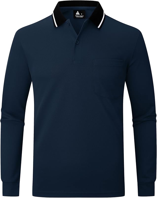 Polo pour Homme à Manches Longues Polo de Golf Travail avec Boutons Polos Chemise Respirants Décontractés T Shirts à Poche,Bleu Marine,M