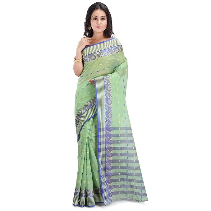 Women's Traditional Pure Cotton Bengali Handloom Tant Saree - Without Blouse Piece(RSH-802 /Olive)