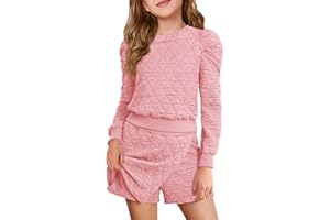 Haloumoning Girls 2 Piece Fall Outfits Clothing Sets Kids Puff Long Sleeve Argyle Sweatshirts and Wrap Skorts 5-14 Years