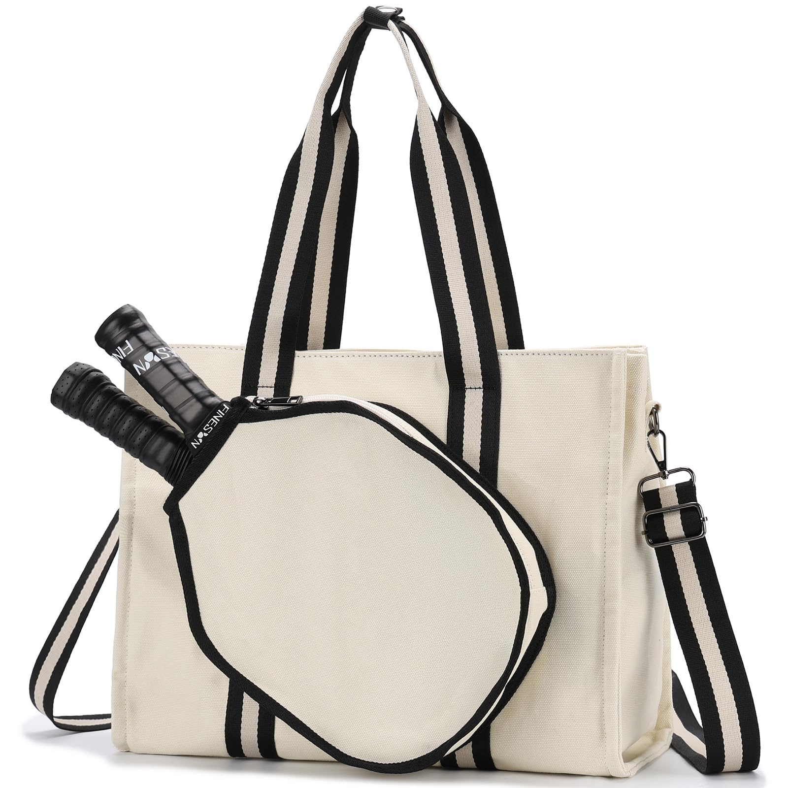 VASCHY Pickleball Canvas Tote Bag for Women with Fence Hook, Pickleball Bag with Pickleball Paddles Holder Case Work/Gym/Sports Tote for 2 Rackets Beige