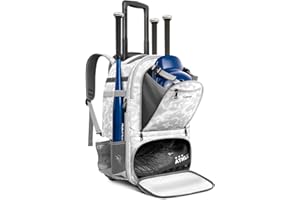 AUROTIER Rolling Baseball Backpack with Off-road Wheels, Wheeled Catchers Gear Bag for Baseball Equipment, 4 Bats, Large Softball Bag for TBall, Helmet & Accessories with Fence Hook