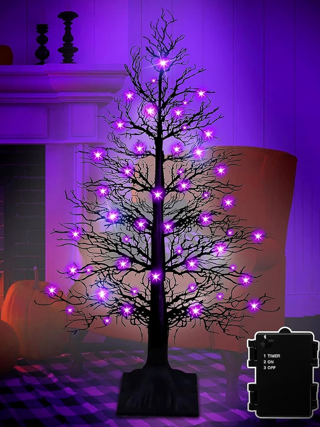 Trees - [Easy Assemble & Timer] 3 Ft Lighted Halloween Black Tree Decor 48 Purple Lights Bendable Branches Artificial Spooky Tree Waterproof Battery Operated Yard Porch Side Outdoor Indoor Halloween Decor