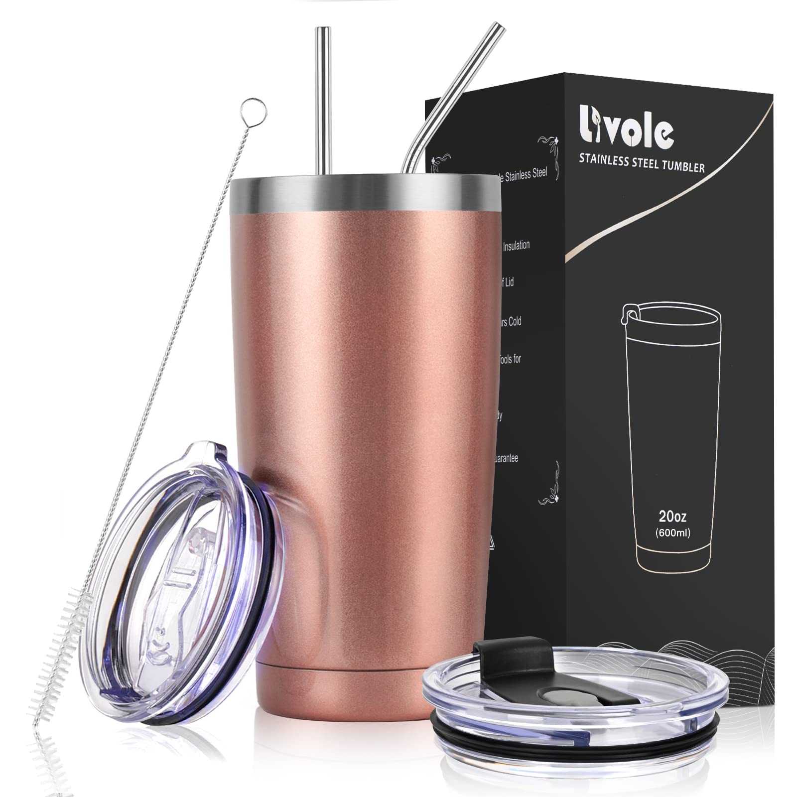 Livole 20OZ Travel Tumbler, 600ml Double Walled Vacuum Insulated Coffee Cup, Thermal Stainless Steel Travel Mug with 2 Straws and 2 Lids, Reusable Cup for Hot & Cold Drinks, Leakproof, Rose Gold