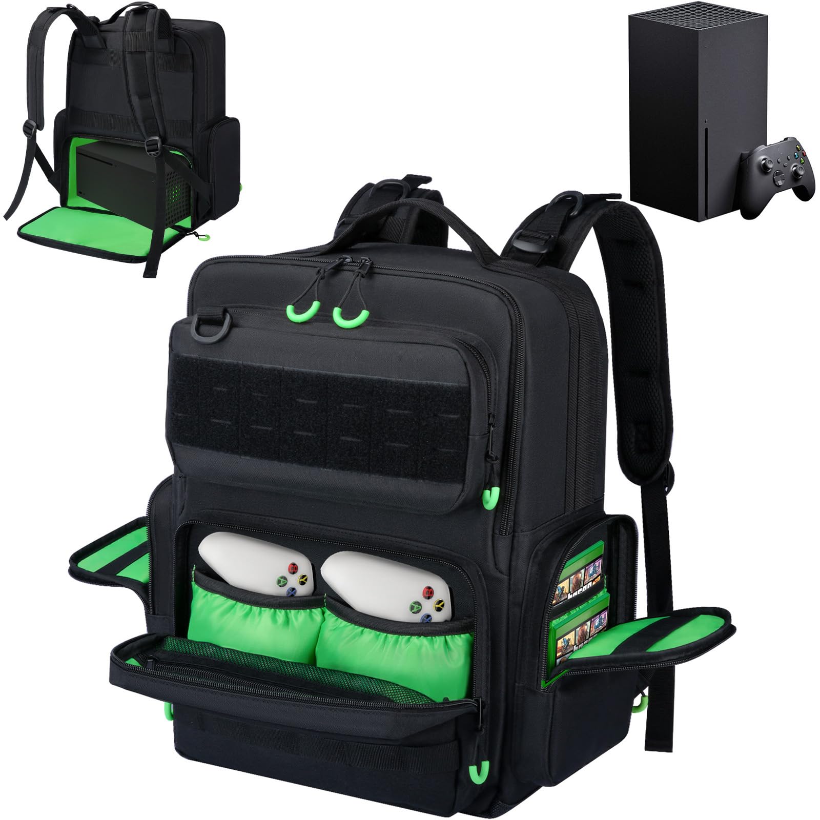 Wigojoy Travel Carrying Case Compatible with Xbox Series X/S, Multiple Pockets of Storage Space Tactical Portable Backpack , Accommodates 15.6'' Laptop and Other Xbox Accessories, Green
