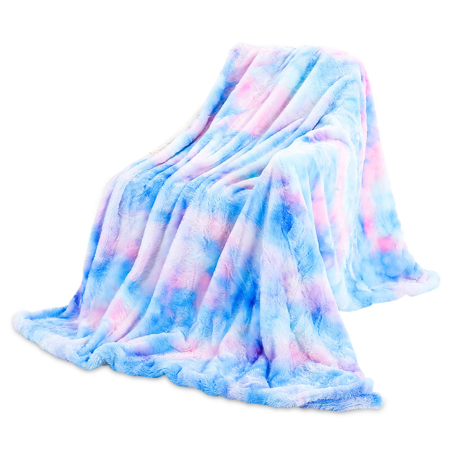 Galatée Comfortable double-sided rainbow colour blanket, 160 x 200 cm, fluffy fleece, artificial plush blanket, warm, suitable for sofa or bed blue