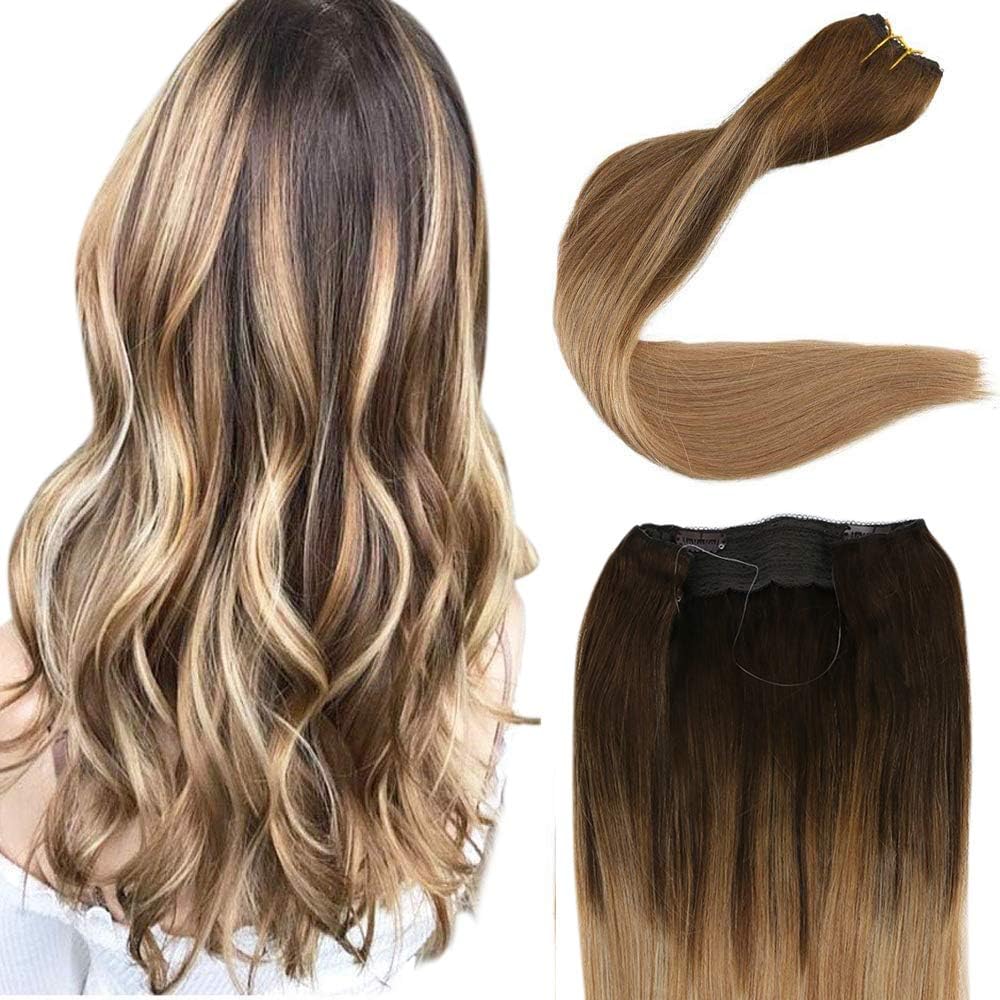 Easyouth Halo Human Hair Extensions Ombre 80g 18inch Colour 4 Midium Brown Fading to 10 Golden Brown Fading to 16 Golden Blonde Remy Human Hair Hidden Wire Hair Crown Wire