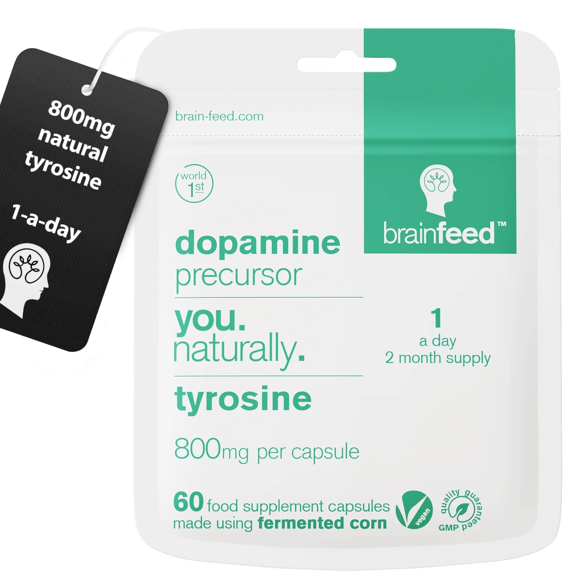 Dopamine Supplements | Natural L Tyrosine Supplement 800mg | 1-A-Day L-Tyrosine High Strength Capsules (60) | Dopamine Brain Food Nootropic | Alertness & Motivation | Vegan | 2-Month Supply
