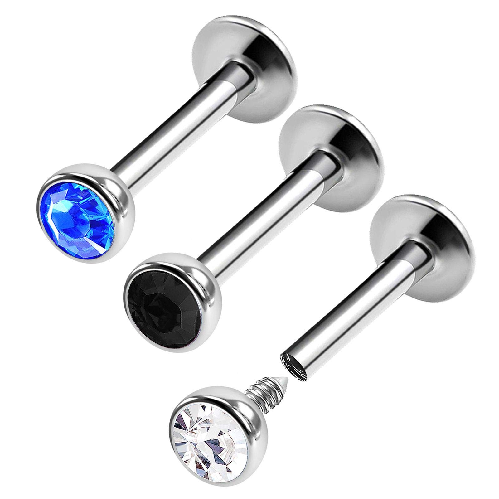 KJM FASHION 3PCS Stainless Steel Internally Threaded Lip Ring Stud 16g 5/16 8mm 3mm Crystal Helix Earring Monroe Piercing Jewelry See More Colors