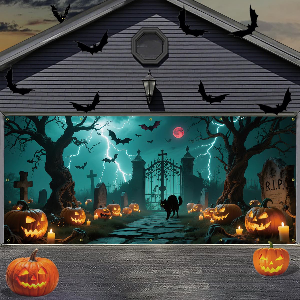Photo 1 of 7 x 16 ft Halloween Garage Door Cover, Garage Door Decorations, 2025 Garage Door Halloween Cover, Large Outdoor Decorations for Parties & Photography Background (Shadow Cat Cemetery)