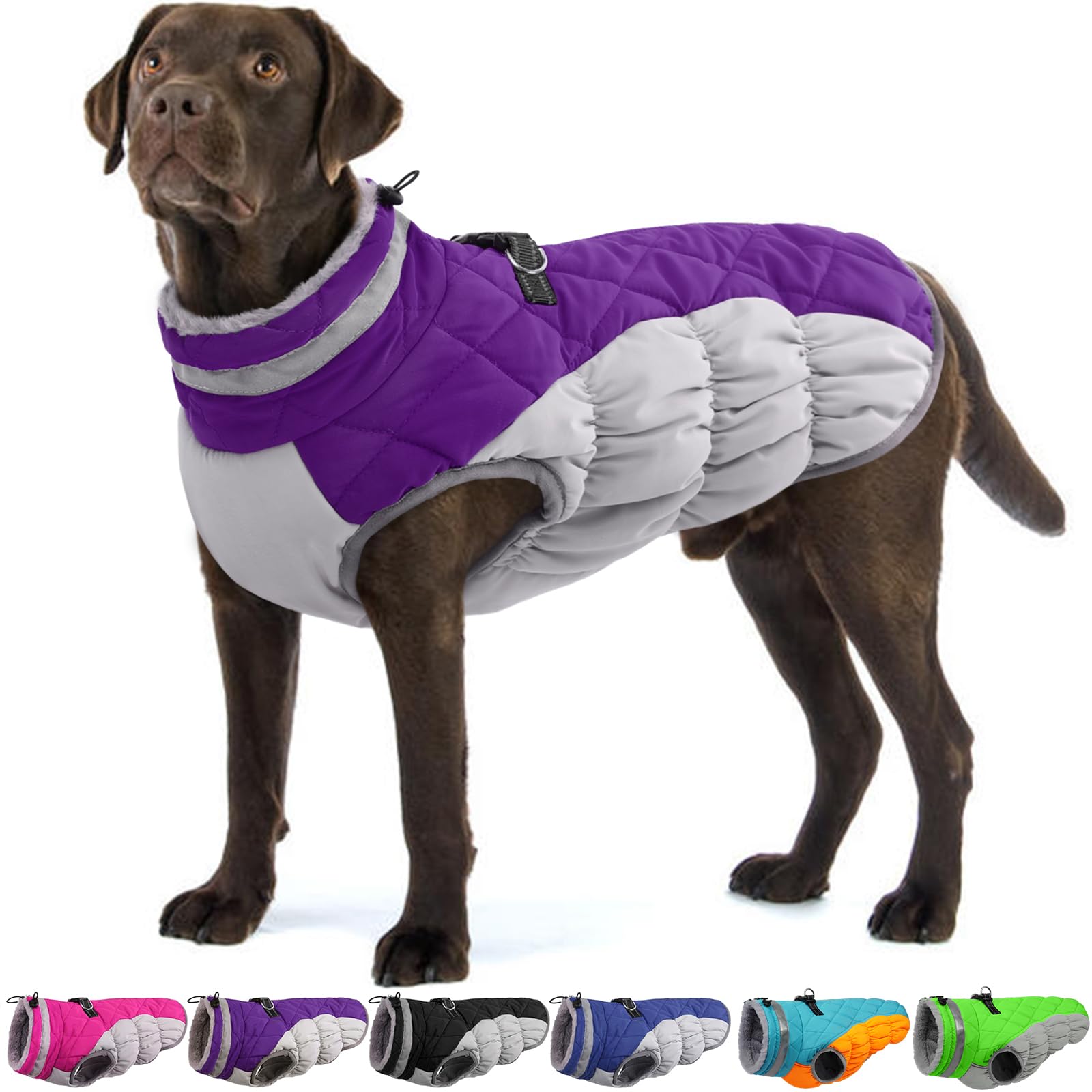 OUOBOB Dog Jacket - Winter Coat with Built-in Harness, Waterproof, Reflective, Windproof, Puffer Jacket - Purple, XL