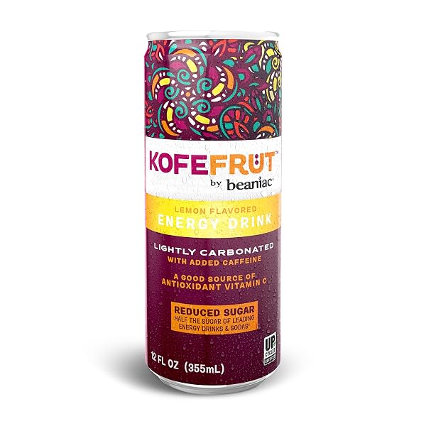KOFEFRUT BY BEANIAC CAFFEINATED ENERGY DRINK, LEMON, LIGHTLY CARBONATED, REDUCED SUGAR, 80MG CAFFEINE, POLYPHENOLS, ANTIOXIDANTS, VITAMIN C, 12 FL OZ CAN (PACK OF 4)