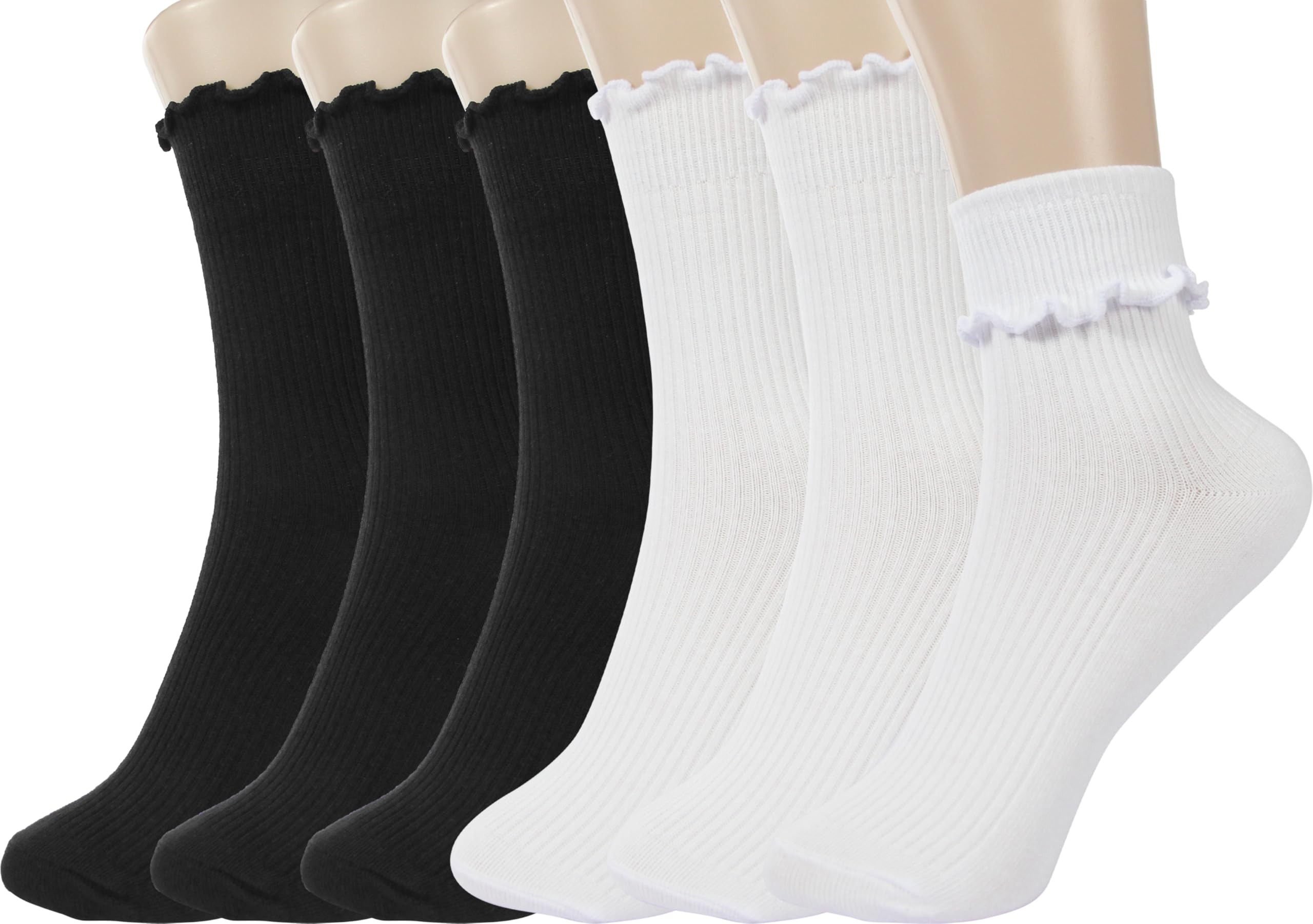 Photo 1 of BomKinta Ruffle Socks Women Lightweight Cotton Sock Turn-Cuff Frilly Sock Casual Above Ankle Socks 3 White 3 Black 6 Pairs Size 5-10