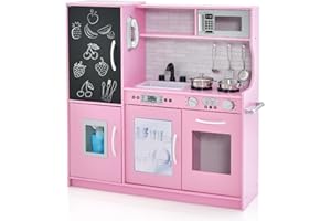 HONEY JOY Pink Kids Kitchen Playset, Wooden Little Chef Pretend Toy Kitchen Set w/Chalkboard, Telephone, Utensils, Oven, Microwave, Sink, Play Kitchen for Toddlers, Gift for Boys Girls, Pink