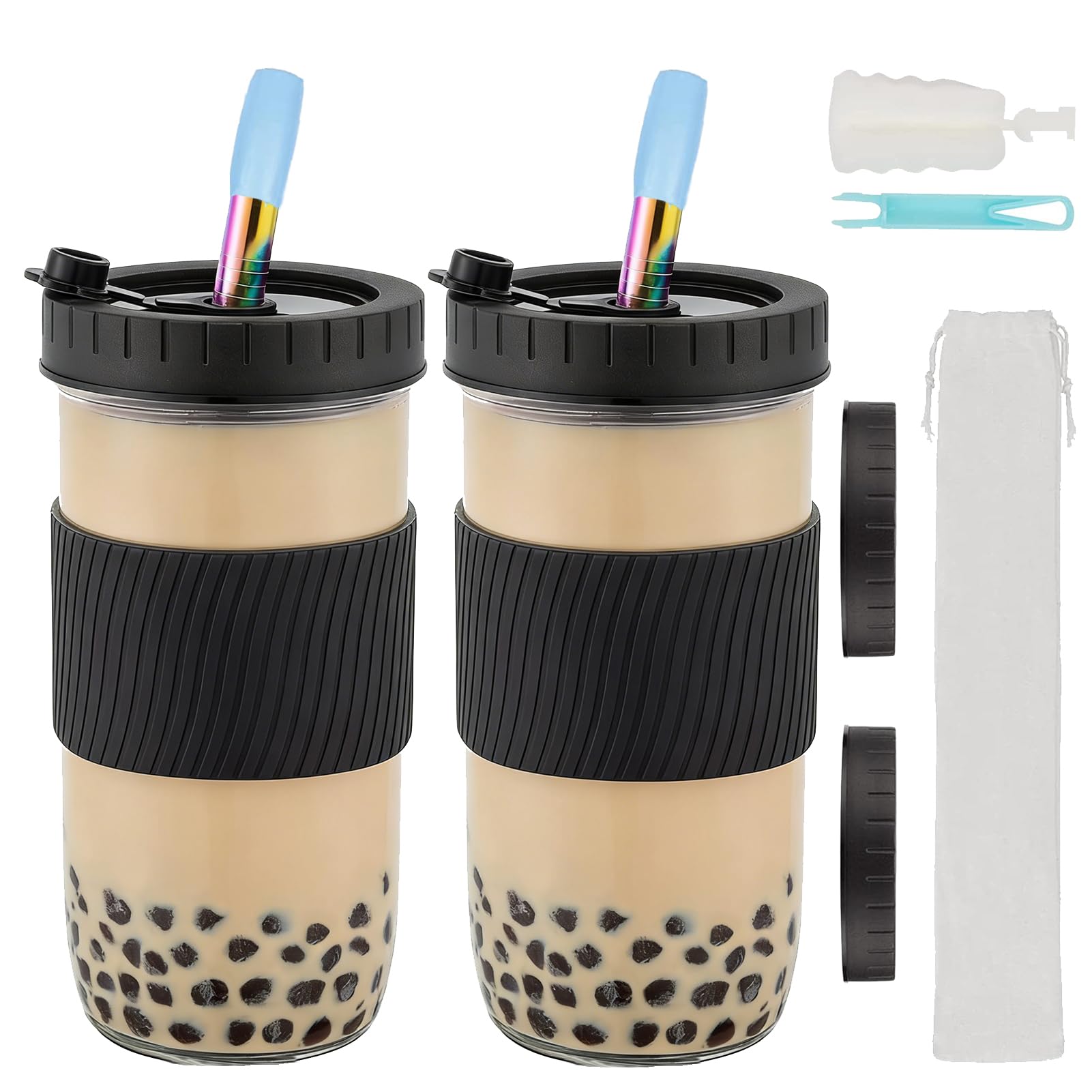ZgoEC 2 Pack Reusable Bubble Tea Glass Cups with Lids and Straws - 24oz Leakproof Tumbler Glasses for Drinks - Drinking Cups for Iced Coffee Smoothie Juice - Gift for Bubble Lovers (Black)
