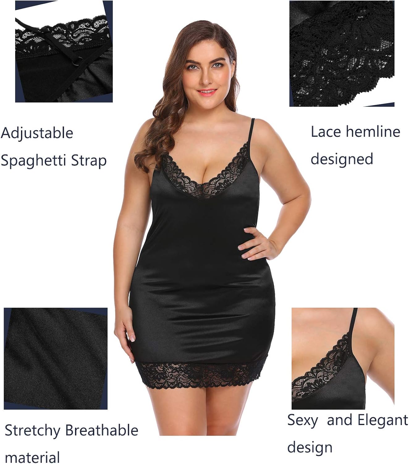 Women's Plus Size Chemise Sexy Deep V -Neck Lace Full Slip Adjustable Spaghetti Strap Lingerie Under Dress at  Women’s Clothing store