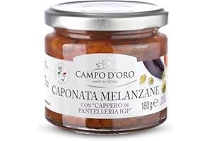 CAMPO D'ORO - Sicilian Eggplant Caponata, Glass, Jar 6.3 oz, Sicilian recipe for antipasto, appetizer, side dish or pasta with Eggplant, Tomato, Onion, Celery, Olives and Capers