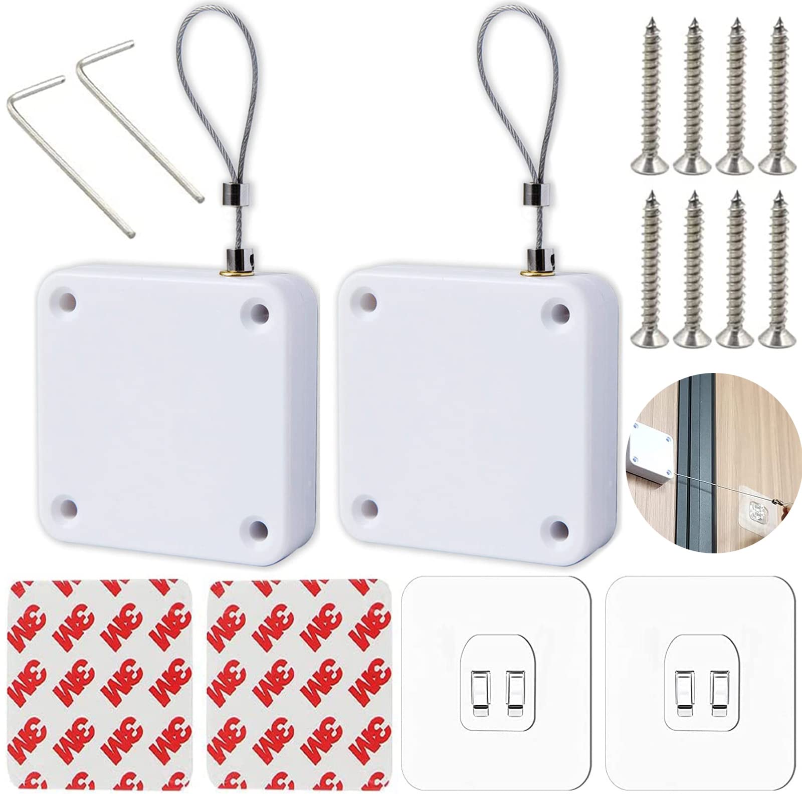 Pack of 2 Automatic Door Closers, Door Closer with Drawstring, No Drilling, Automatic Door Closer with Drawstring, for Most Doors, Wooden and Metal Doors (800 g Pull Cord)