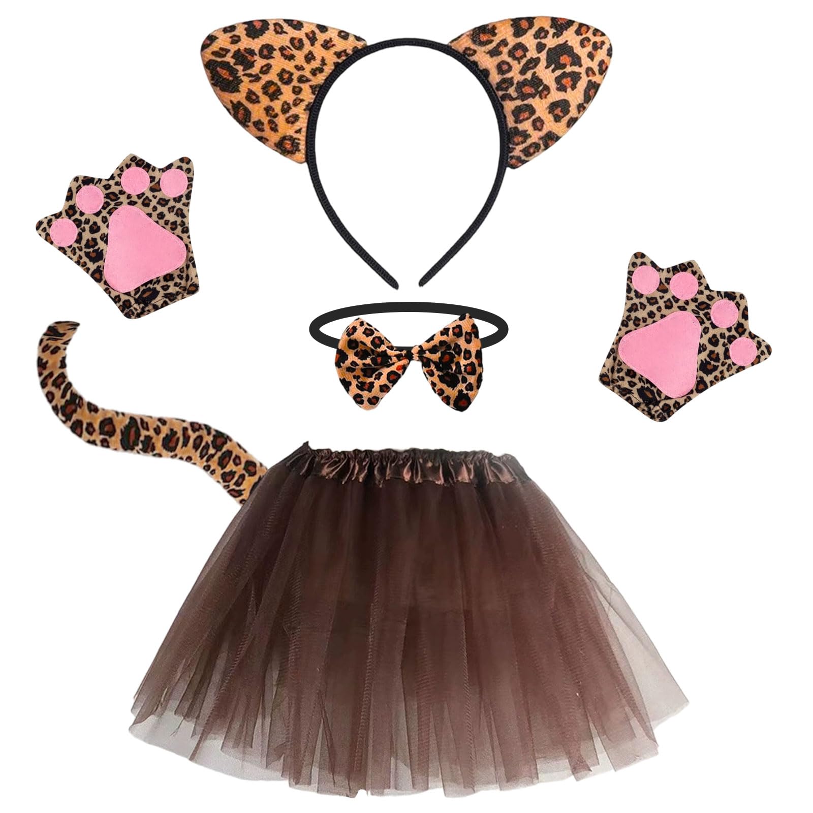 IOHJSA 5 Pieces Leopard Costume Set, Include Leopard Ears Headband Tail and Bow Tie Tutu Skirt Glove, Animal Costume Set, Accessories for Kids Carnival Cosplay Halloween Christmas Party