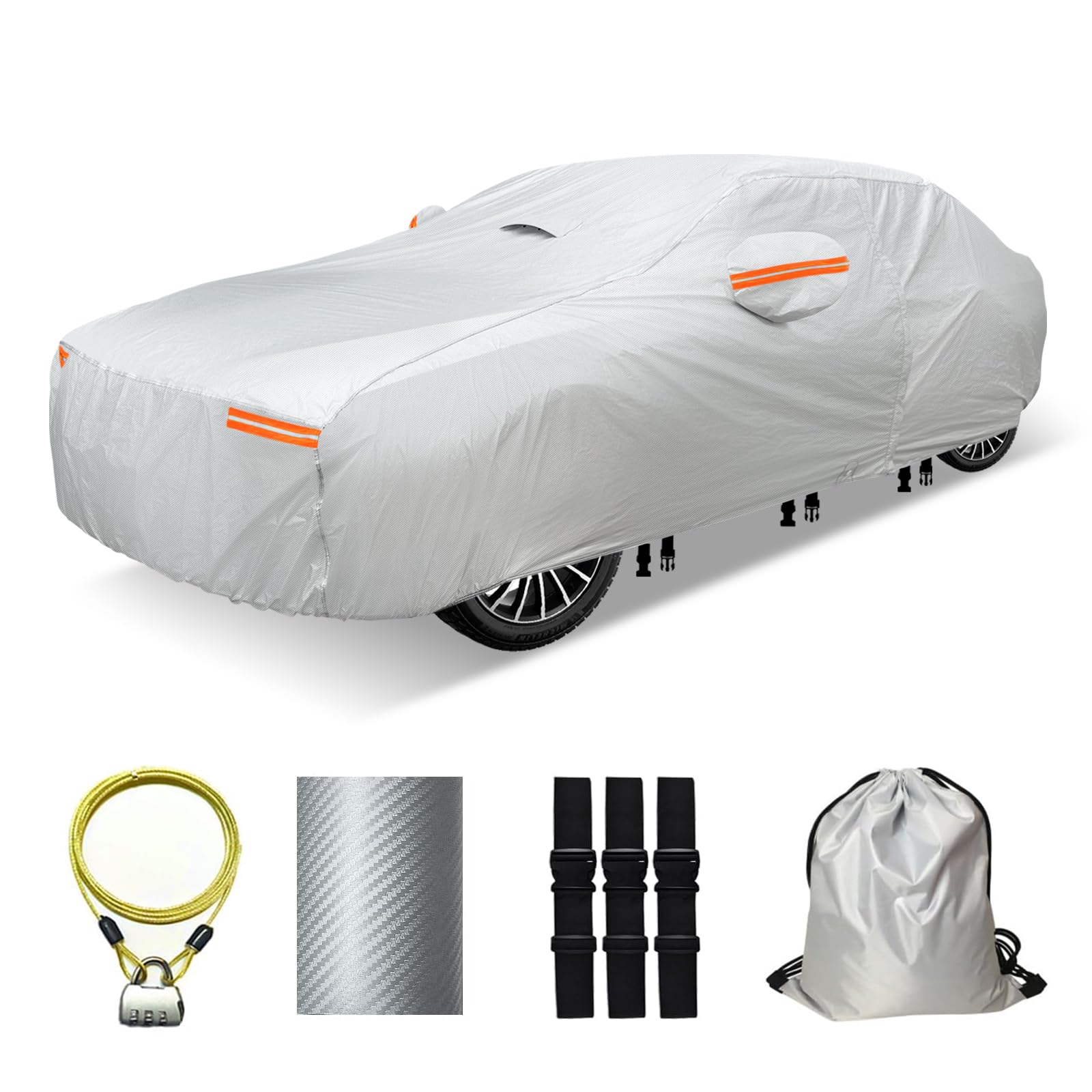 Photo 1 of OWEEIO 30 Layers Car Cover for Automobiles All Weather Waterproof, Outdoor Snowproof UV Protection Windproof, Door Zipper, Soft Cotton, Heavy Duty Universal Car Covers, (Silver, Fit Sedans 181"-190")