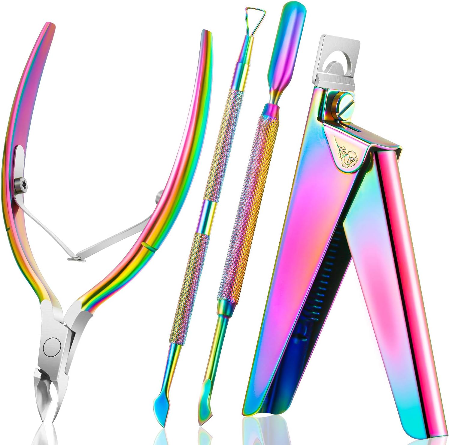 Acrylic Nail Clipper False Nail Tips Clipper Cuticle Trimmer Nipper with Cuticle Pusher Cuticle Remover, Stainless Steel Rainbow Color Nail Manicure Set for Salon Home Nail