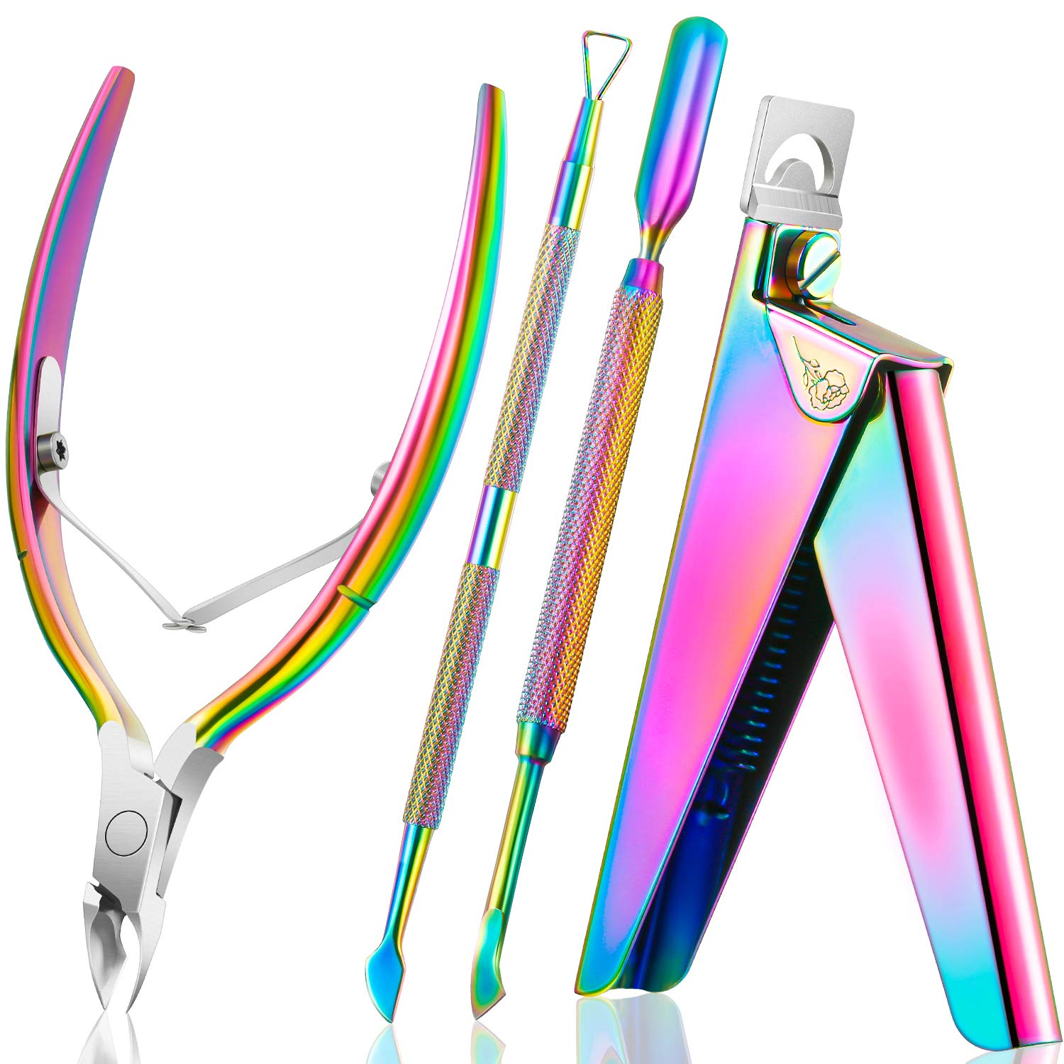 Acrylic Nail Clipper False Nail Tips Clipper Cuticle Trimmer Nipper with Cuticle Pusher Cuticle Remover, Stainless Steel Rainbow Color Nail Manicure Set for Salon Home Nail