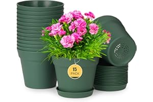 Homenote Plant Pots,15 Pack 6 inch Flower Pots with Multiple Drainage Holes and Saucers,Plastic Planters for All Home Garden Flowers Succulents(Green)