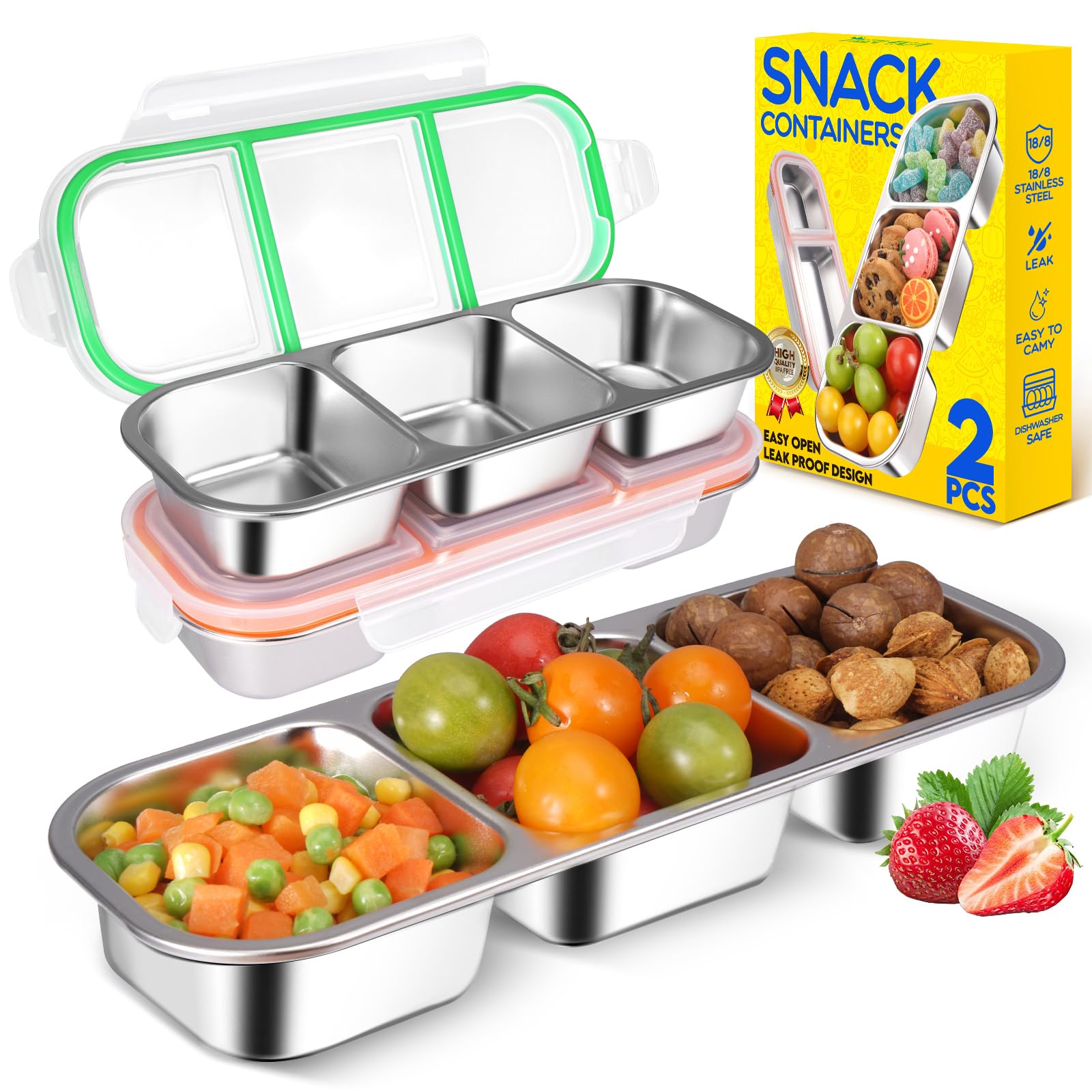 Photo 1 of 2Pack Stainless Steel Snack Containers for Kids Adults, Reusable 3 Compartment Snackle Box Container with Leakproof Lids Metal Bento Lunch Food Snack Boxs for Travel Picnics Camping Office School