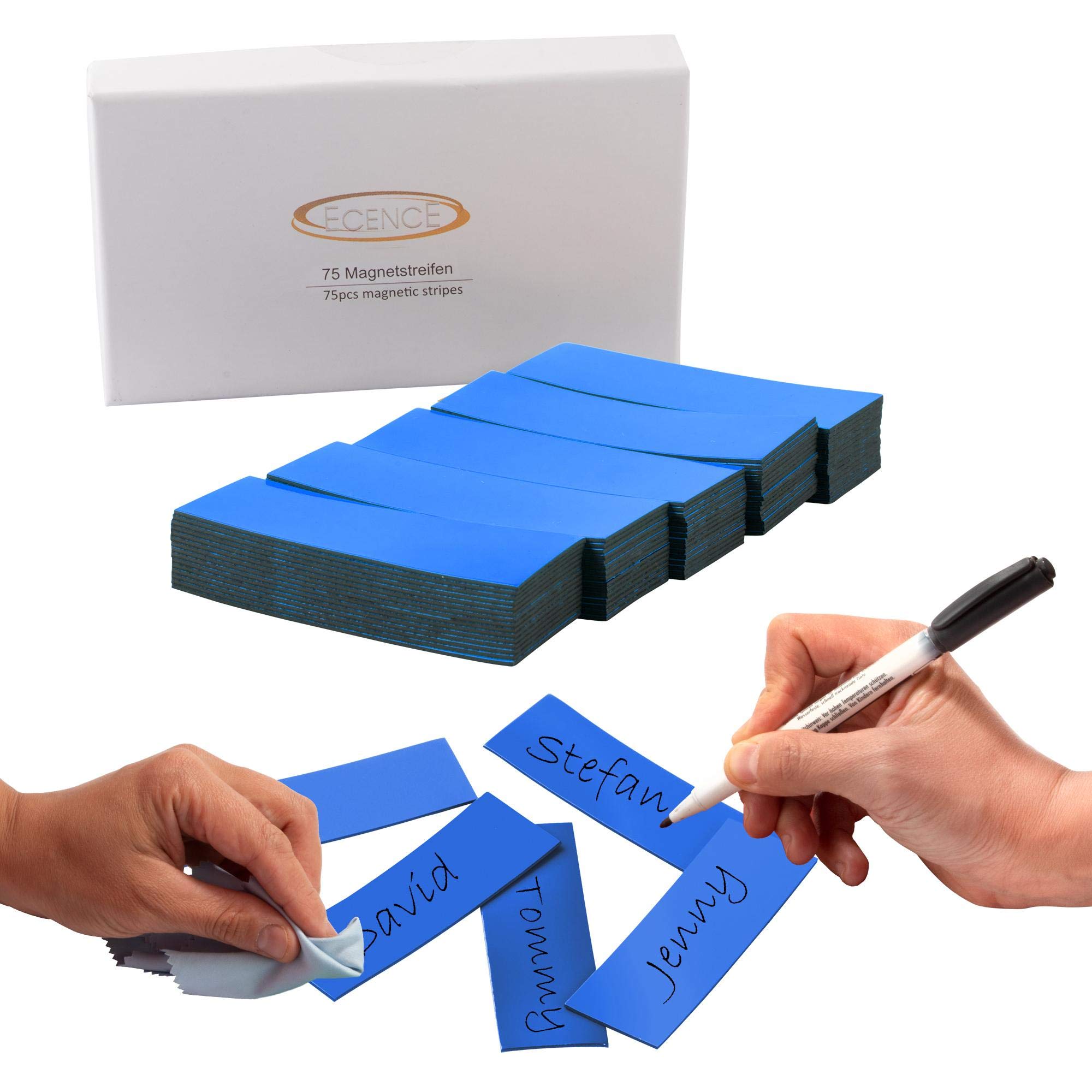 ECENCE Dry Erase Magnetic Labels 75pcs Reusable Magnetic Name Tags 2.36inchx0.79inch Writable Magnetic Sticker Notes for Whiteboard Refrigerator Locker Classroom Blue — image 1