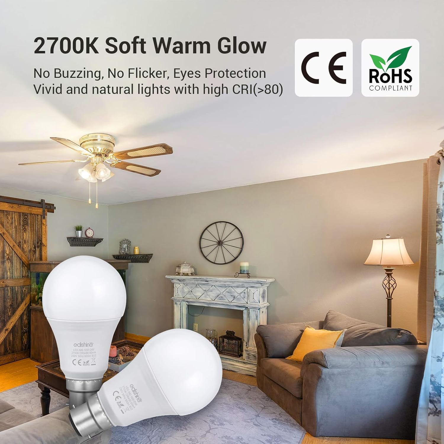 EDISHINE 6 Pack Dimmable Bayonet Light Bulb, Warm White 2700K, 9W LED Bulb, 60W Incandescent Equivalent - Image 5