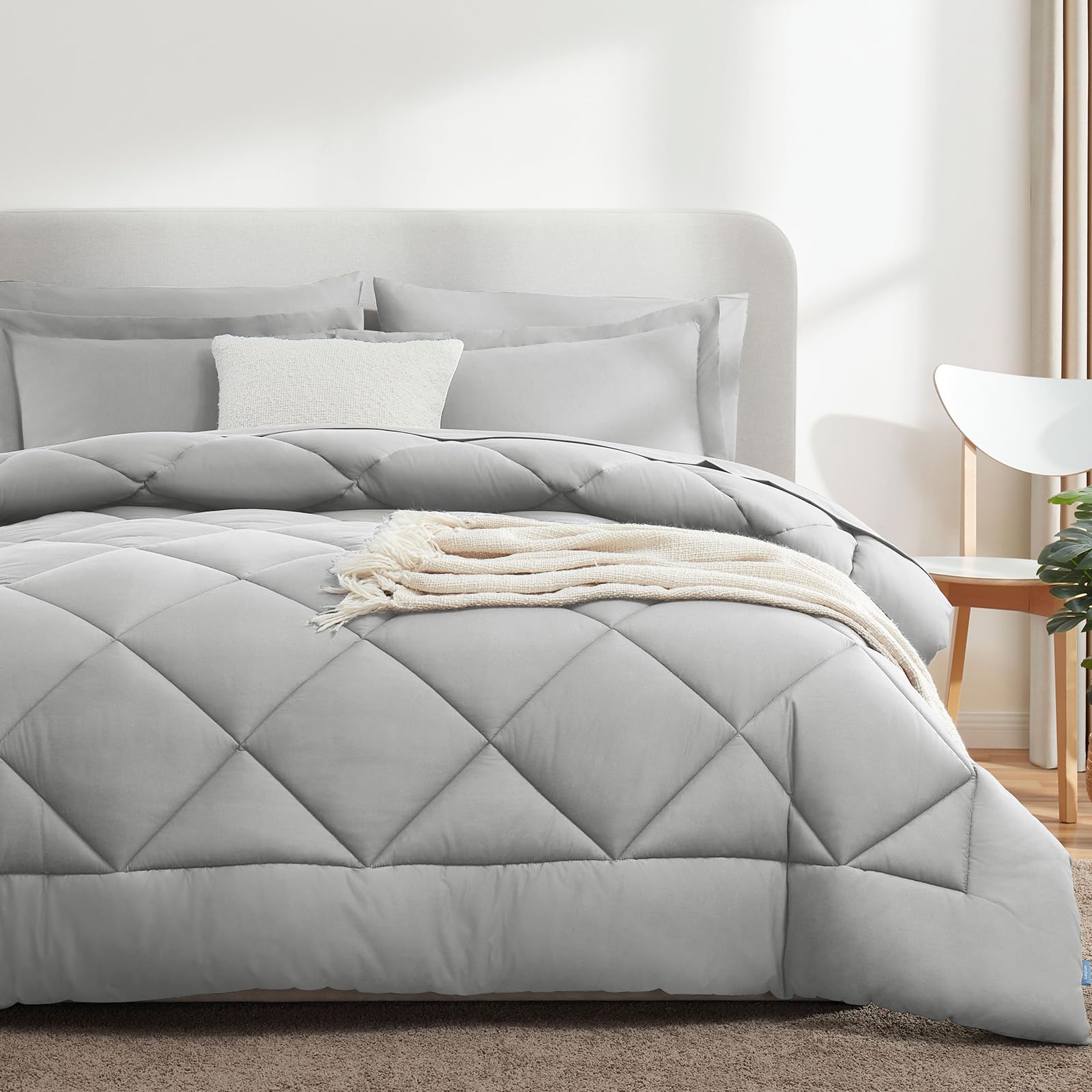 CozyLux Queen Comforter Set Light Grey - Bed in a Bag Queen Size 7 Pieces, Luxury Soft Bed Set for All Seasons, Bedding Set with Down Alternative Comforter, Sheets, Pillowcases & Shams
