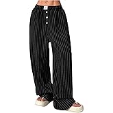 OYOANGLE Women's Striped Wide Leg Pants Elastic Waist Button Office Work Dressy Trousers