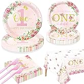 Floral 1st Birthday Party Supplies for 20 Guests - Miss Onederful Plates, Napkins, Forks, Tablecloth for Girls Baby First Party Decorations