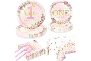 QUERICKY Floral 1st Birthday Party Supplies for 20 Guests - Miss Onederful Plates, Napkins, Forks, Tablecloth for Girls Baby First Party Decorations