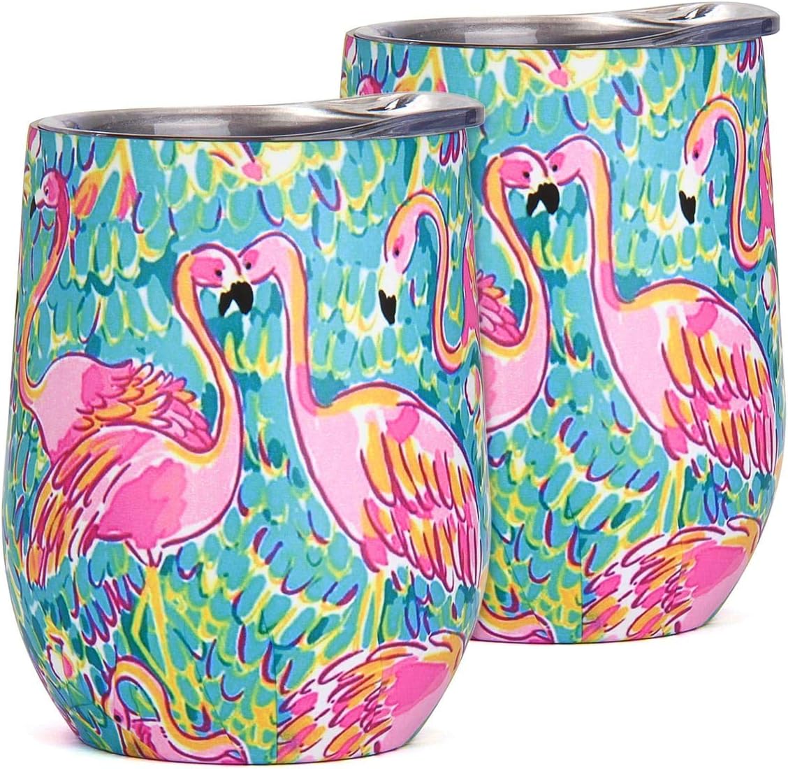 Walsilk Outdoor Travel Wine Glasses Tumbler,Portable Vacuum Insulated Metal Tumbler,Stainless Steel Tumbler Cup for Coffee,Wine,Cocktails,Ice Cream(2Pack Flamingo)