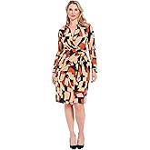 London Times Womens Faux Wrap Side Tie Long Sleeve Midi Dress