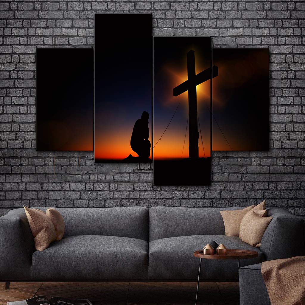 AMEMNY 4 Piece Christian Crosses at Sunset Canvas Wall Art